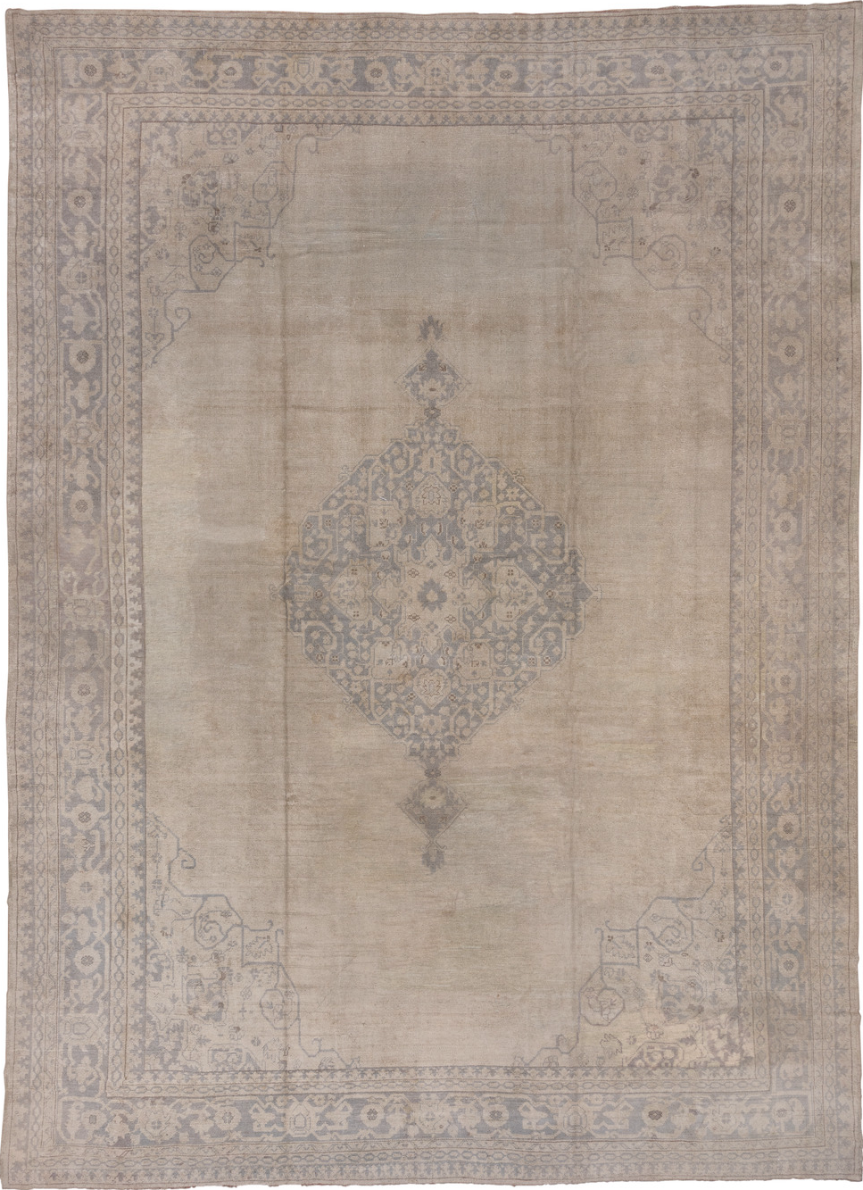 14' x 19' one-of-a-kind handmade vintage Oushak oversize rug. Color palette: dim gray, gray, light gray, off-white, pink