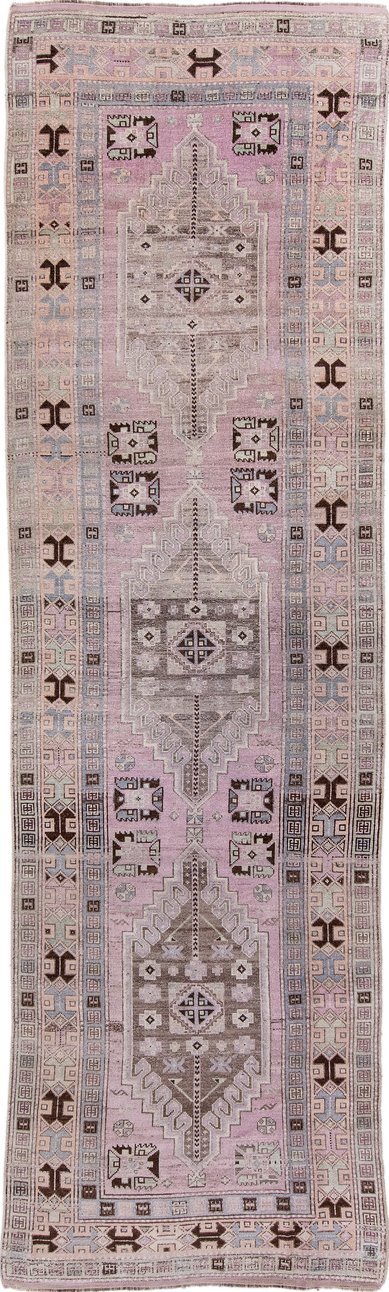 3' x 11' one-of-a-kind handmade vintage Anatol runner rug. Color palette: brown, gray, light gray, off-white, pink