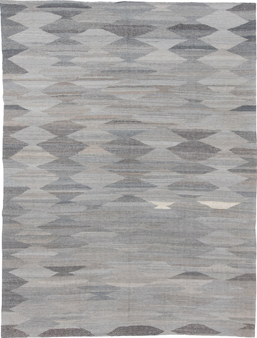 9' x 12' one-of-a-kind handmade vintage Kilim large size rug. Color palette: blue, dark gray, dim gray, gray, light blue