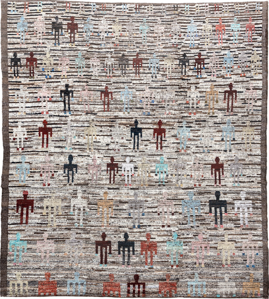 8' x 9' one-of-a-kind handmade vintage Tulu rug. Color palette: black, blue, brown, dim gray, gainsboro, gray, light blue