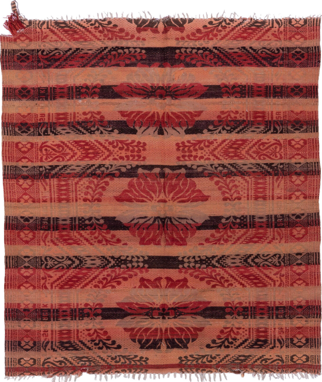 6' x 6' one-of-a-kind handmade vintage Kilim rug. Color palette: brown, gray, light gray, pink, red, redwood, rosy brown