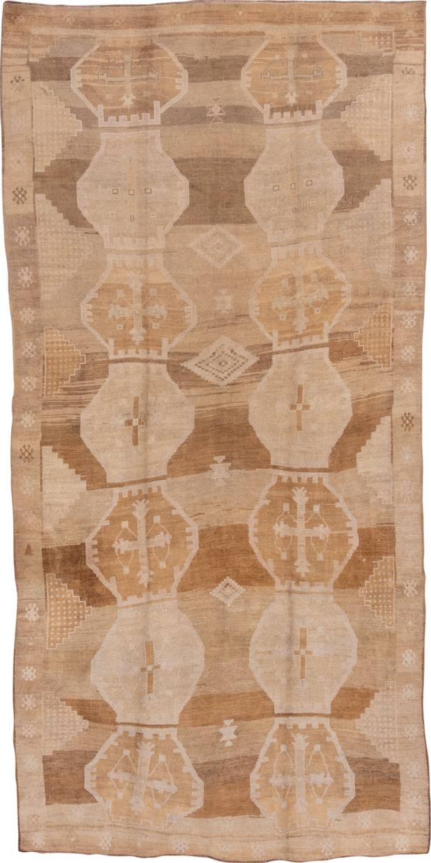 6' x 14' one-of-a-kind handmade vintage Oushak large size rug. Color palette: brown, orange, tan