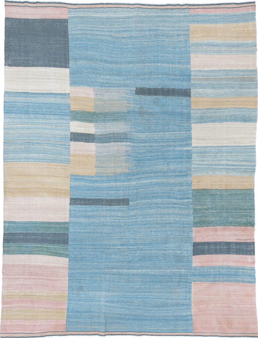 8' x 11' one-of-a-kind handmade vintage Kilim large size rug. Color palette: blue, brown, dark gray, gray, light blue