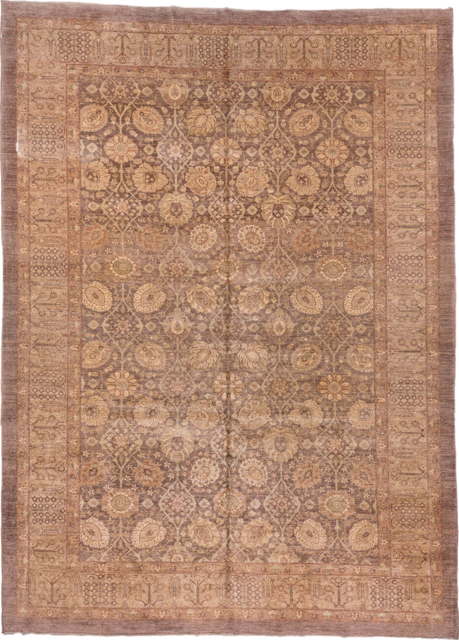10' x 13' one-of-a-kind handmade vintage Tabriz large size rug. Color palette: brown, gray, off-white, orange, pink