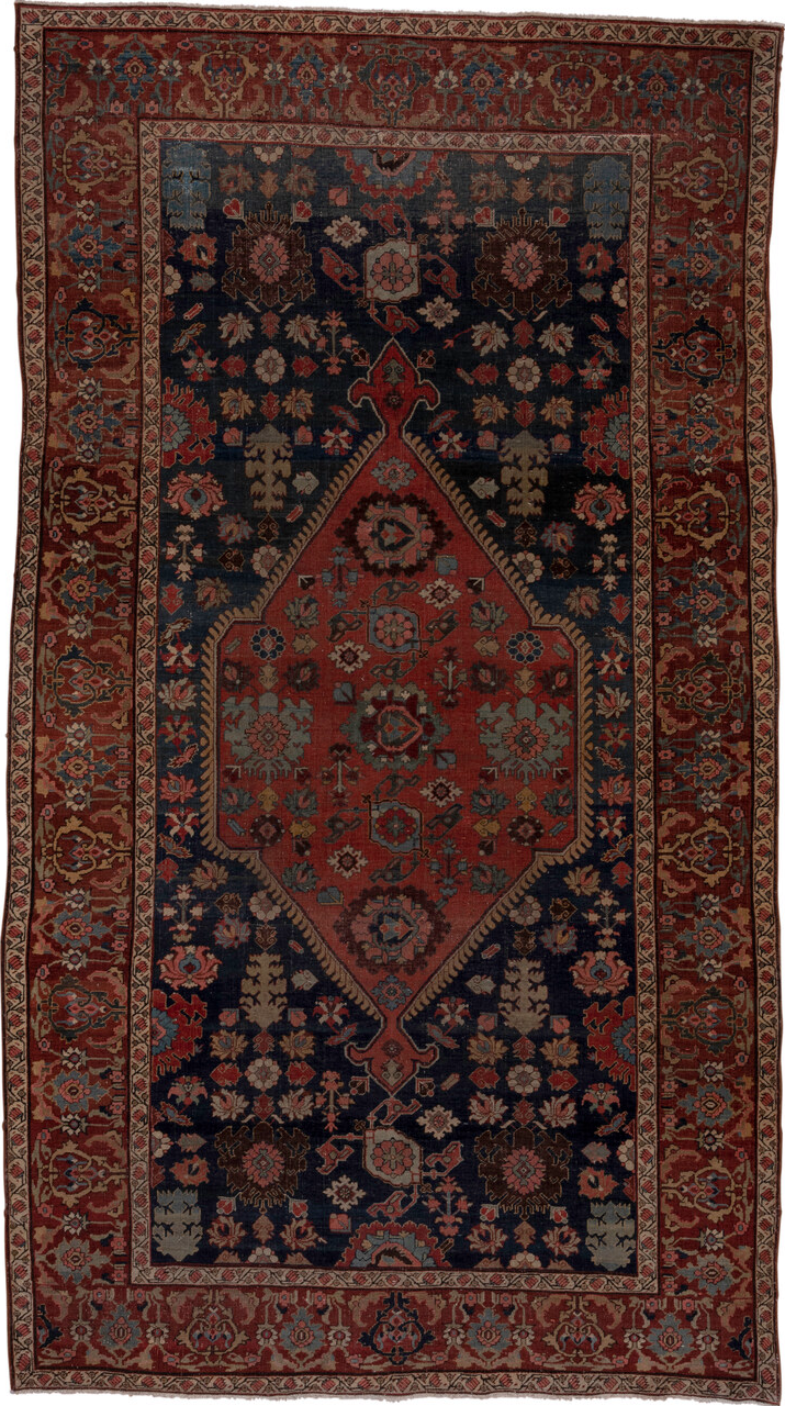 7' x 12' one-of-a-kind handmade vintage Bidjar large size rug. Color palette: black, brown, charcoal, gray, pink, red