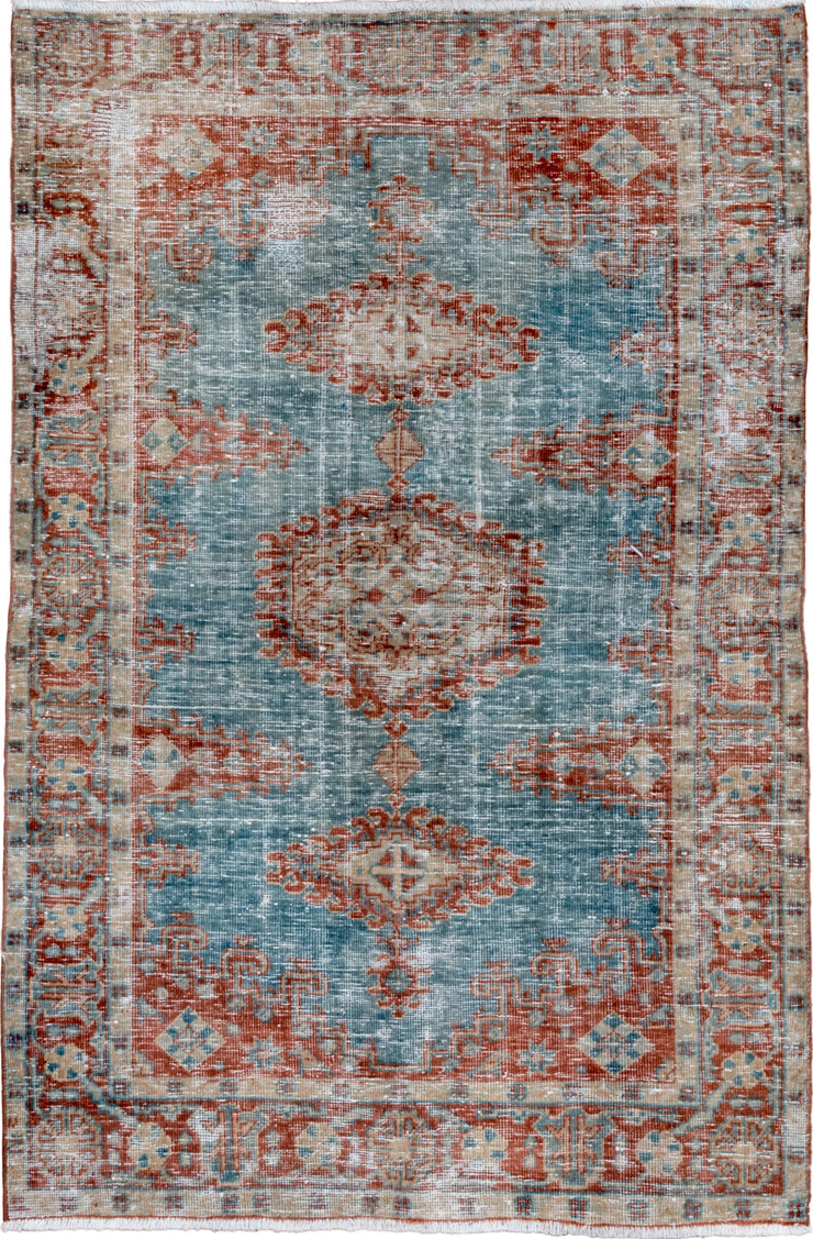 3' x 5' one-of-a-kind handmade vintage Veece small size rug. Color palette: blue, brown, gainsboro, gray, light gray