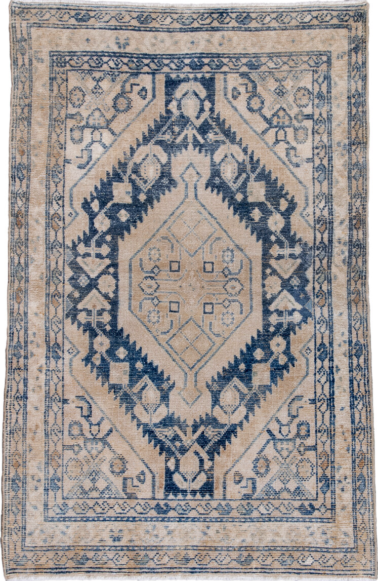 3' x 5' one-of-a-kind handmade vintage Hamadan small size rug. Color palette: blue, brown, dark gray, dim gray, fiord, gray