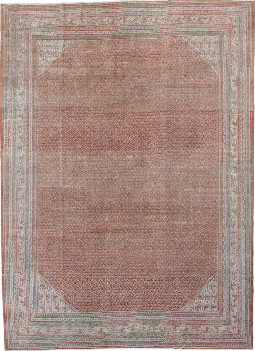 8' x 12' one-of-a-kind handmade vintage Saraband large size rug. Color palette: brown, dark gray, gray, light gray