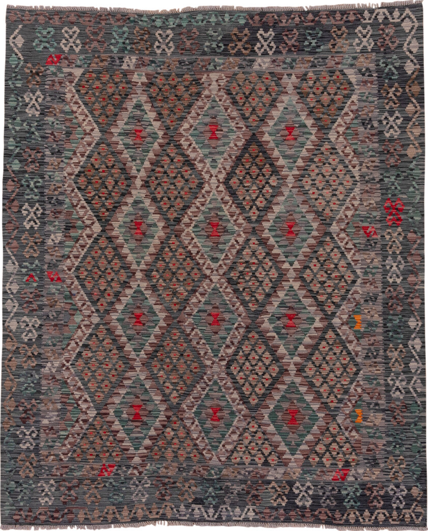 6' x 7' one-of-a-kind handmade vintage Kilim rug. Color palette: black, brown, burgundy, charcoal, dim gray, gray, pink, red