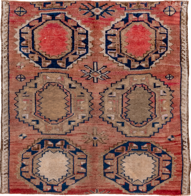 4' x 4' one-of-a-kind handmade vintage Kars small size rug. Color palette: brown, gray, light gray, pink, red