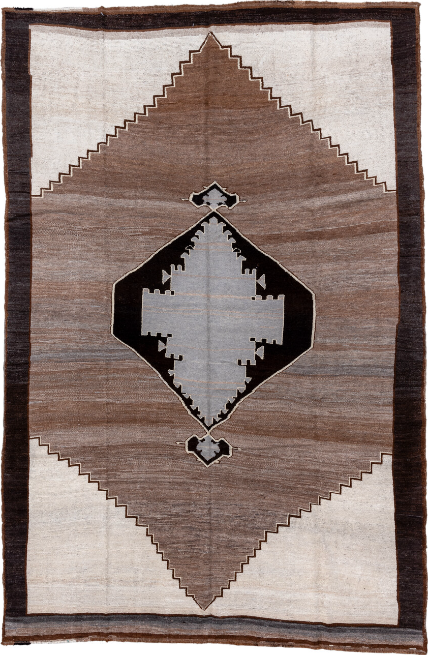 8' x 12' one-of-a-kind handmade vintage Kars large size rug. Color palette: black, brown, charcoal, dark gray, gray