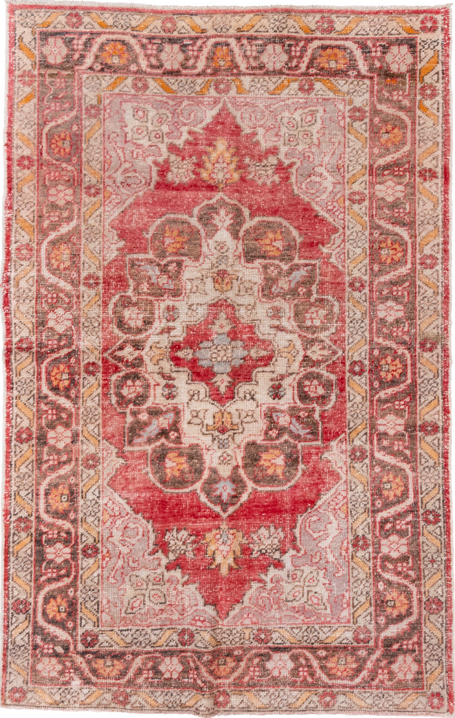 5' x 8' one-of-a-kind handmade vintage Oushak medium size rug. Color palette: brown, gray, light gray, off-white, pink, red