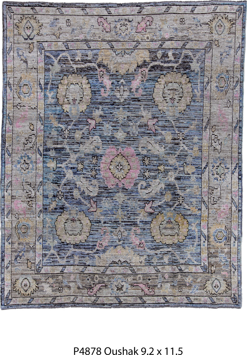 9' x 11' one-of-a-kind handmade vintage Oushak large size rug. Color palette: black, blue, charcoal, gray, light blue