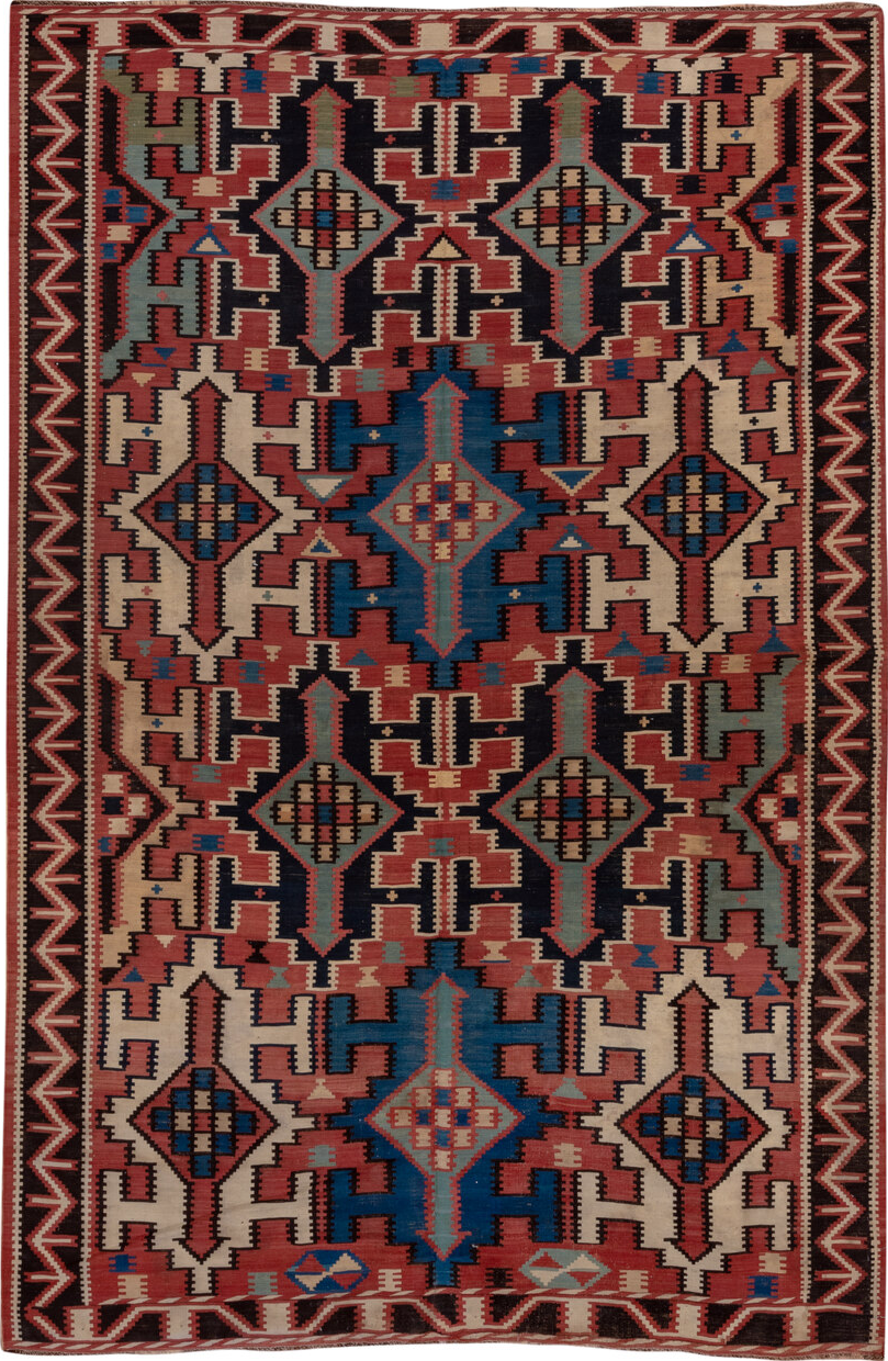 6' x 10' one-of-a-kind handmade vintage Kilim large size rug. Color palette: blue, brown, gray, pink, red