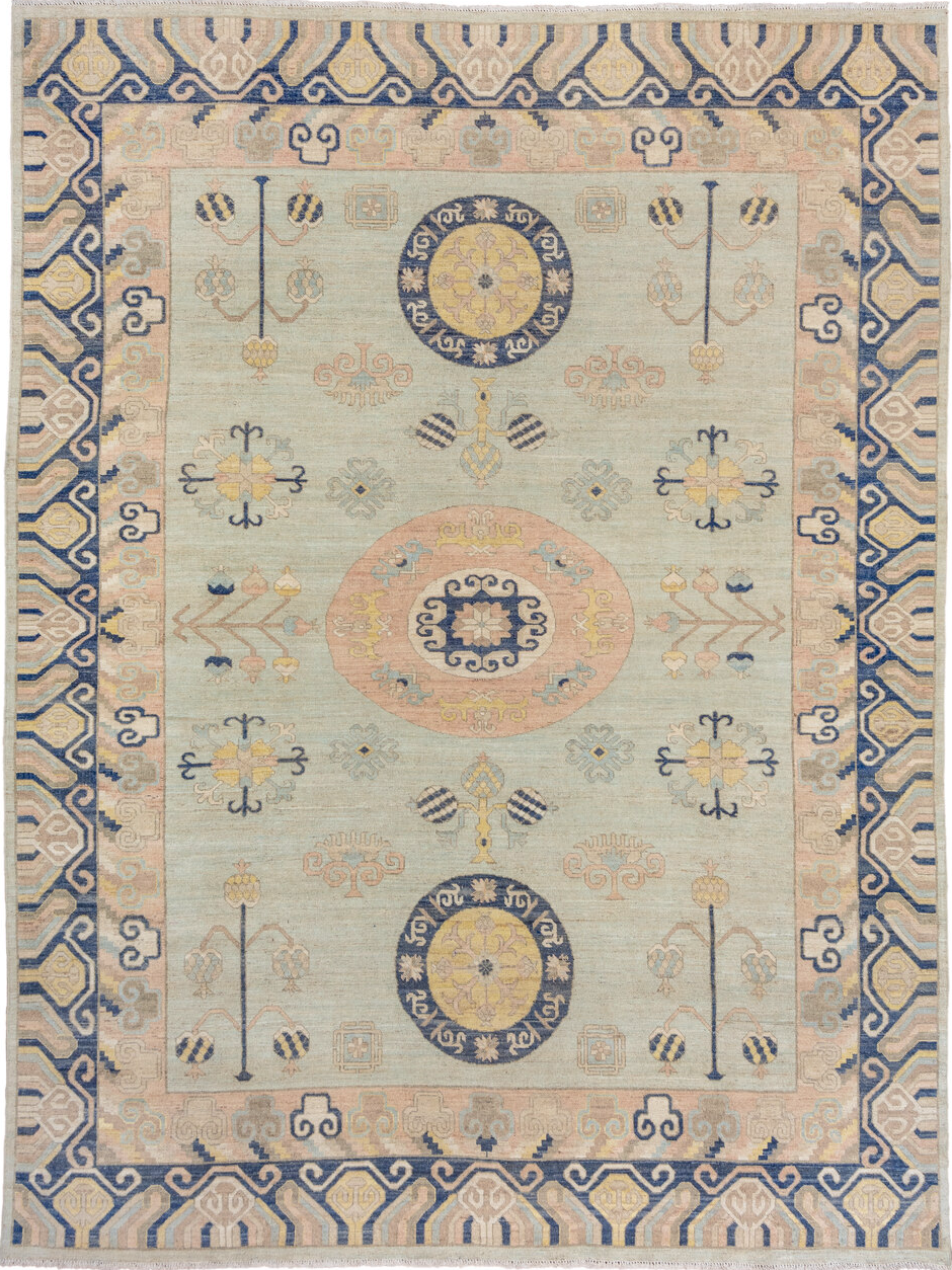 10' x 14' one-of-a-kind handmade vintage Khotan large size rug. Color palette: black, blue, brown, gray, light slate gray
