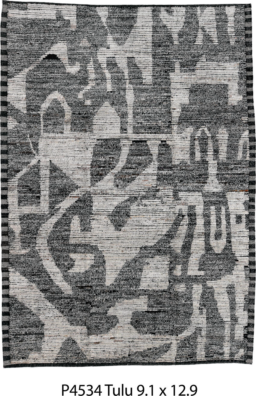 9' x 12' one-of-a-kind handmade vintage Tulu large size rug. Color palette: black, blue, charcoal, dark gray, dim gray