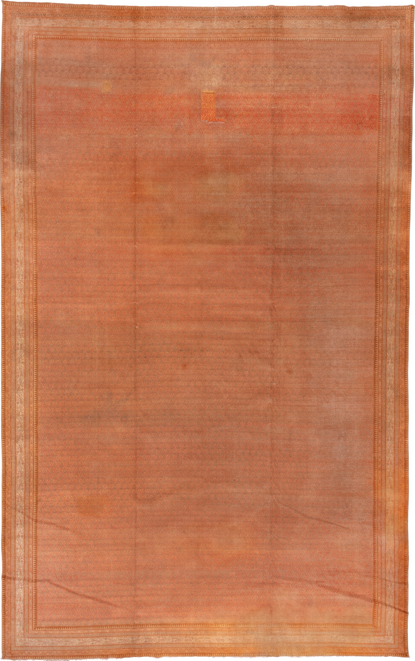 11' x 17' one-of-a-kind handmade vintage Saraband oversize rug. Color palette: brown, off-white, orange, pink, sienna