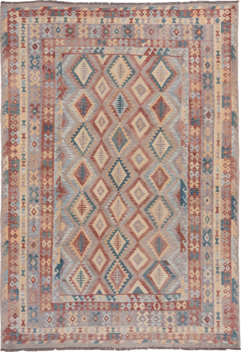 8' x 11' one-of-a-kind handmade vintage Kilim large size rug. Color palette: brown, dark gray, gray, light gray, orange