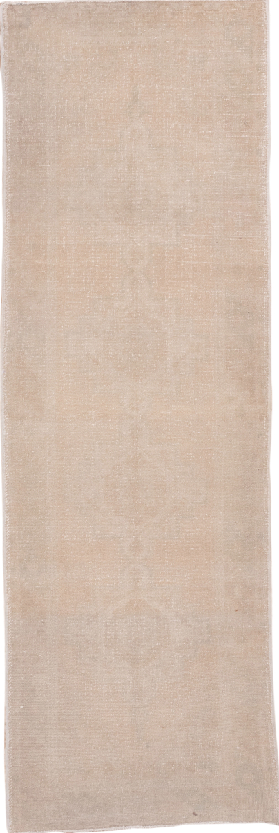3' x 9' one-of-a-kind handmade vintage Oushak runner rug. Color palette: brown, gray, light gray, linen, off-white, orange