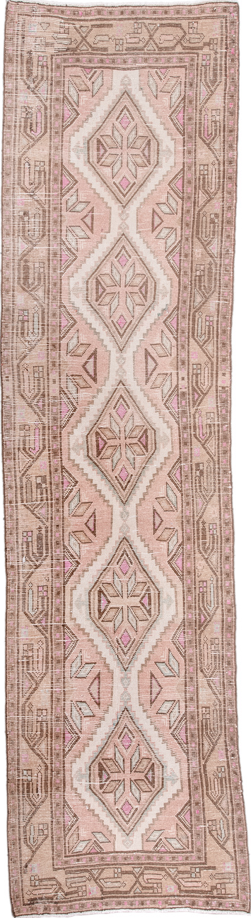 2' x 9' one-of-a-kind handmade vintage Sarab runner rug. Color palette: brown, gray, light gray, misty rose, off-white, pink