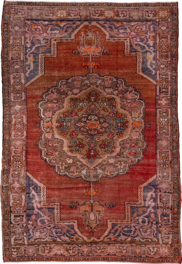 7' x 11' one-of-a-kind handmade vintage Kars large size rug. Color palette: brown, gray, pink, red, redwood