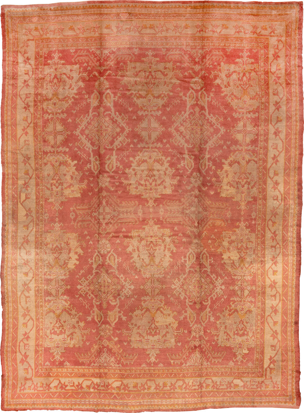 13' x 17' one-of-a-kind handmade vintage Oushak oversize rug. Color palette: brown, burlywood, dark salmon, orange, pink