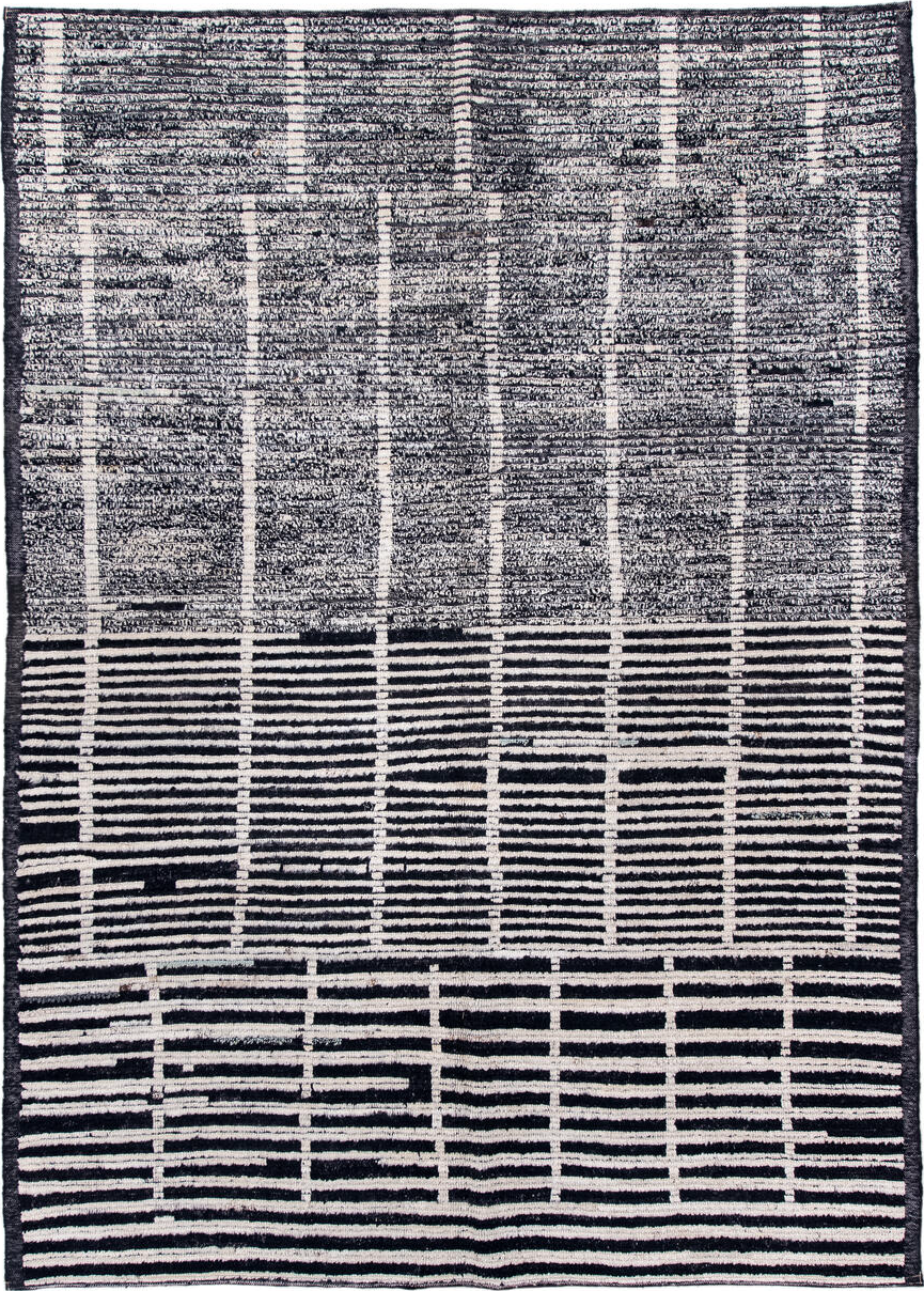 6' x 8' one-of-a-kind handmade vintage Tulu medium size rug. Color palette: black, blue, charcoal, dark gray, dim gray