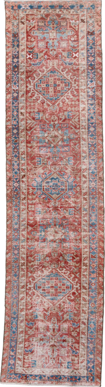 2' x 8' one-of-a-kind handmade vintage Karaje runner rug. Color palette: brown, dark gray, gray, light gray, off-white, pink