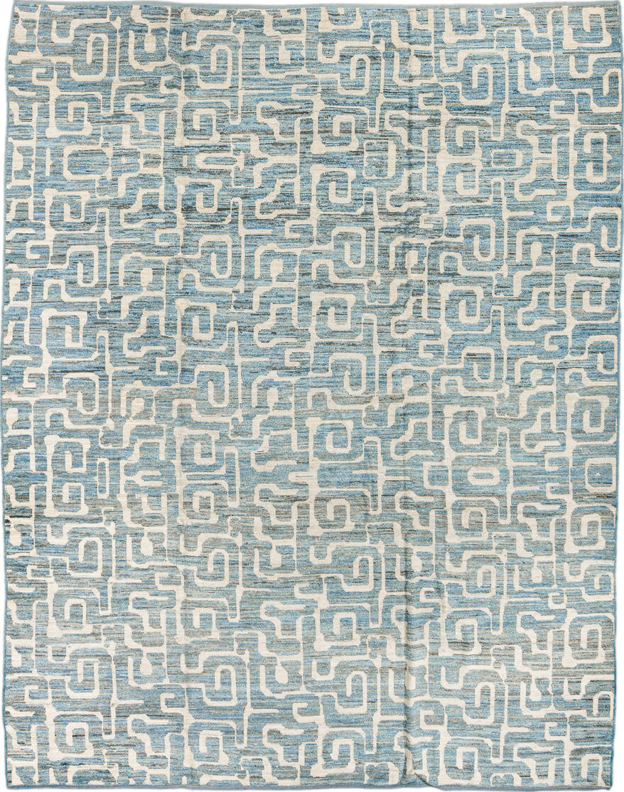 9' x 11' one-of-a-kind handmade vintage Tulu large size rug. Color palette: black, blue, brown, charcoal, dim gray