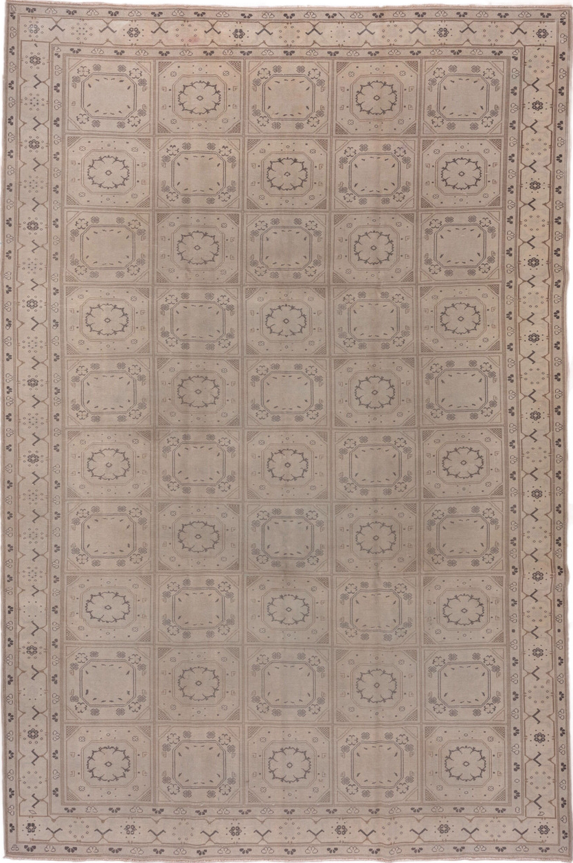 8' x 12' one-of-a-kind handmade vintage Kaisary large size rug. Color palette: gray, light gray, off-white, pink, seashell