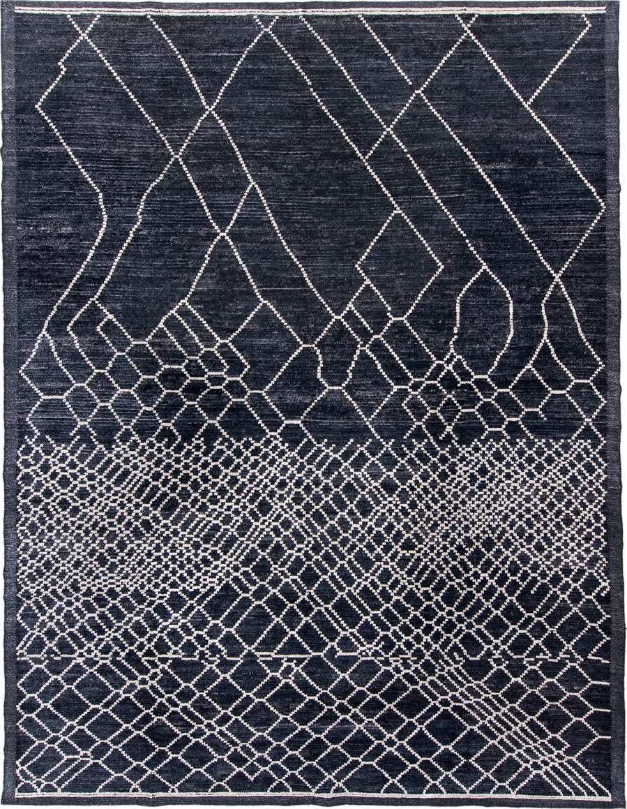 12' x 15' one-of-a-kind handmade vintage Tulu oversize rug. Color palette: black, blue, charcoal, dark gray, dim gray, gray