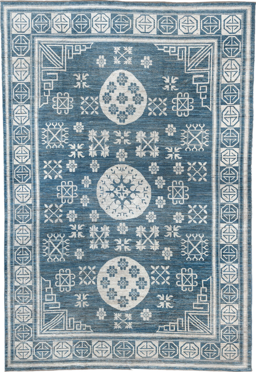 9' x 14' one-of-a-kind handmade vintage Oushak large size rug. Color palette: gray, blue, off-white, light blue, light gray