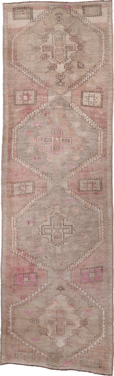 3' x 10' one-of-a-kind handmade vintage Oushak runner rug. Color palette: brown, gray, light gray, off-white, pink, snow