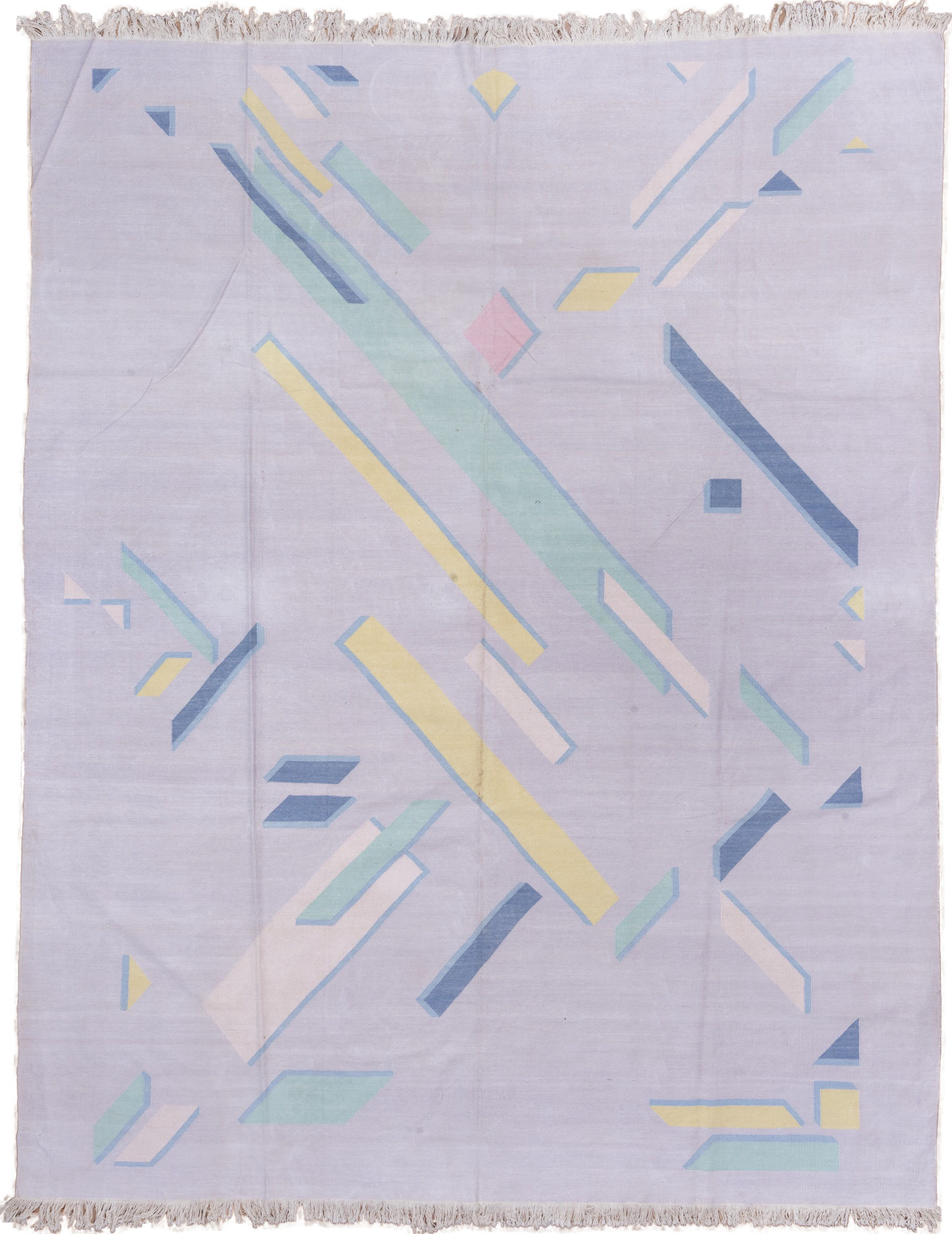 9' x 11' one-of-a-kind handmade vintage Dhurrie large size rug. Color palette: brown, gainsboro, gray, light blue