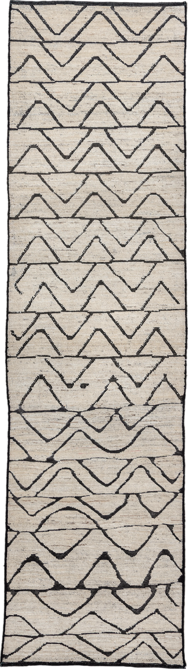 2' x 10' one-of-a-kind handmade vintage Tulu runner rug. Color palette: black, charcoal, dim gray, gray, light gray, linen