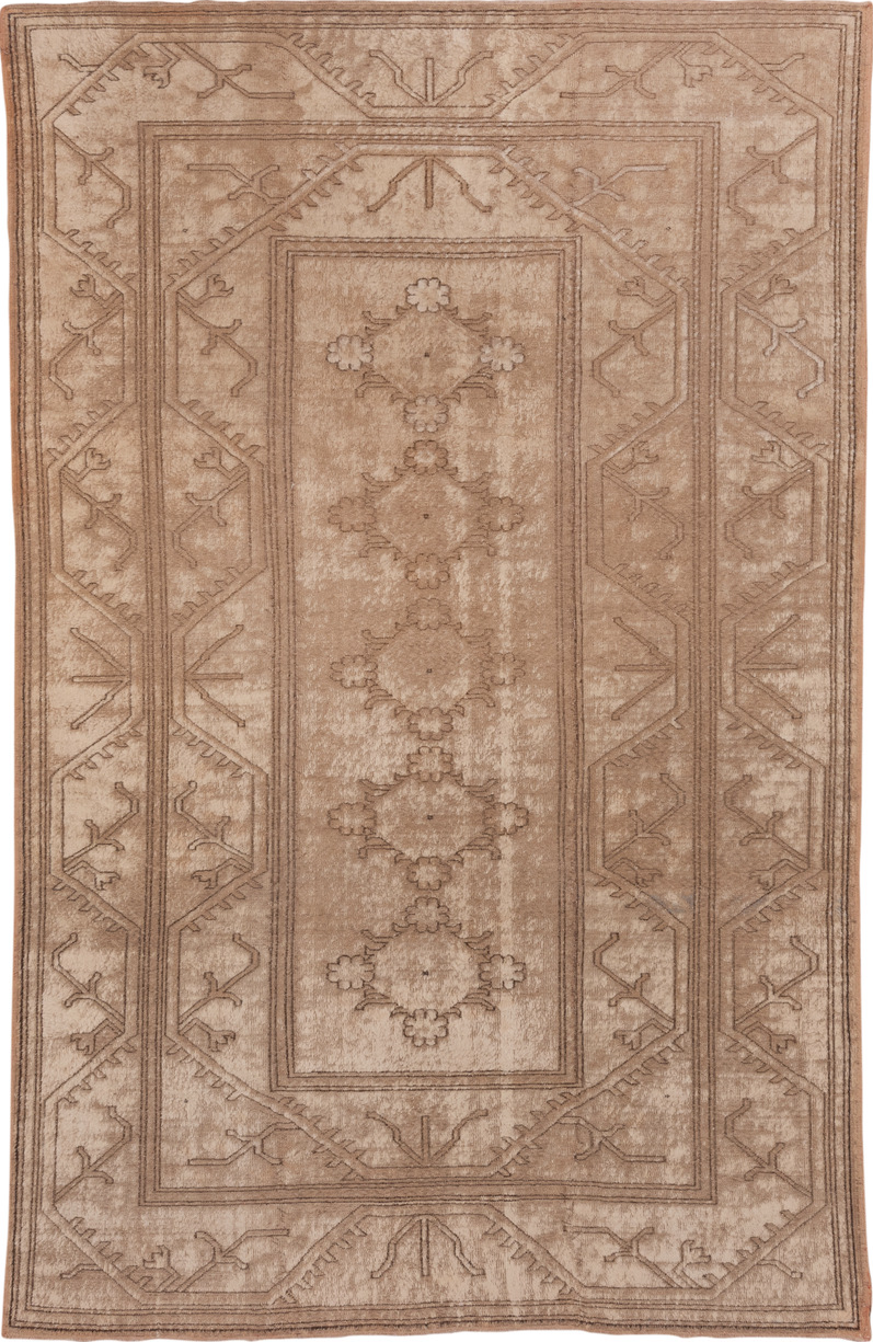6' x 10' one-of-a-kind handmade vintage Oushak large size rug. Color palette: brown, gray, light gray, off-white, orange