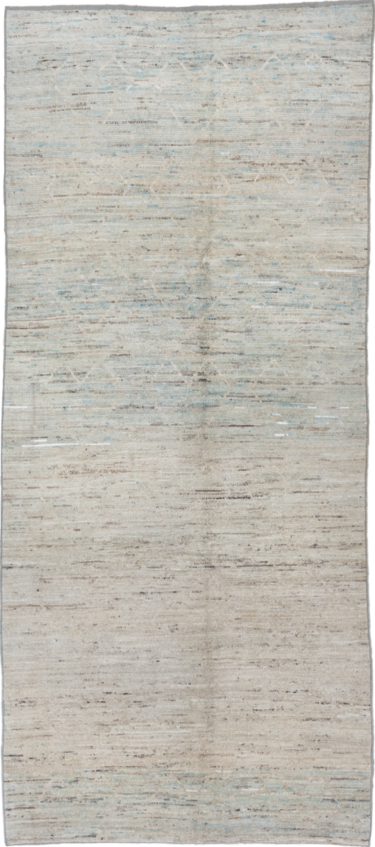 5' x 11' one-of-a-kind handmade vintage Tulu runner rug. Color palette: dim gray, gainsboro, gray, light gray, off-white