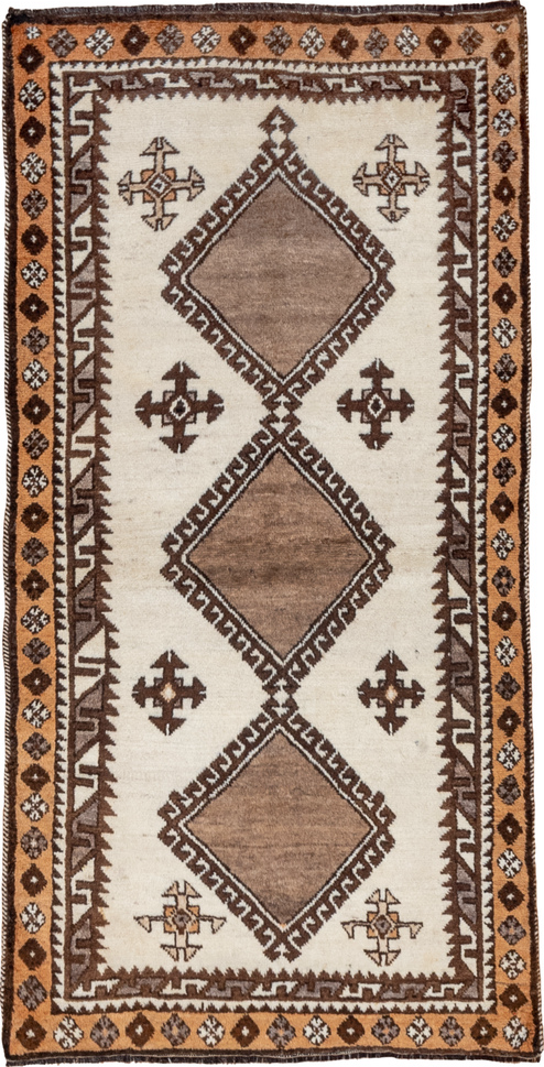 3' x 6' one-of-a-kind handmade vintage Gabbe runner rug. Color palette: brown, dark gray, gray, light gray, off-white, pink