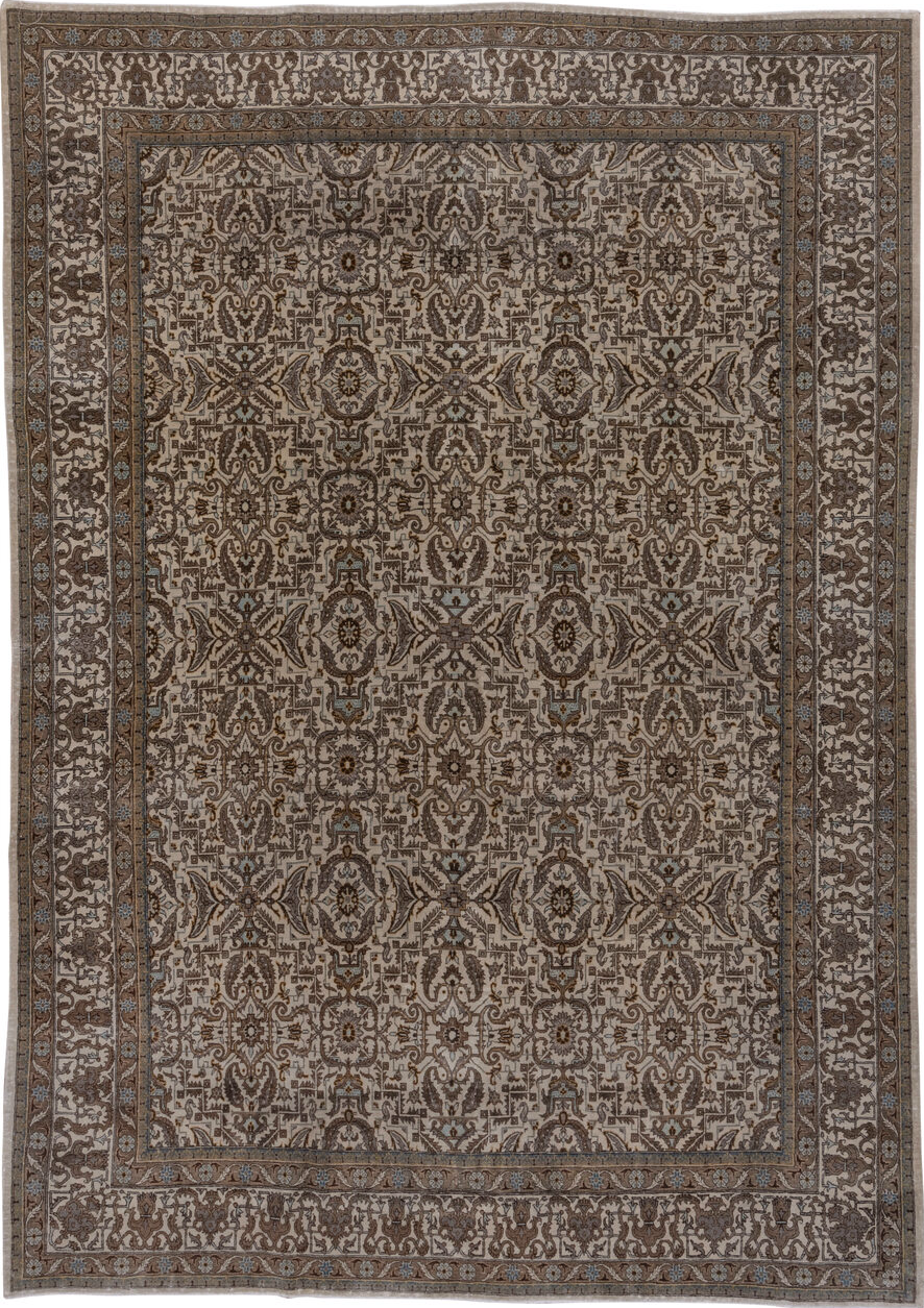 7' x 11' one-of-a-kind handmade vintage Tabriz large size rug. Color palette: brown, gray, pink