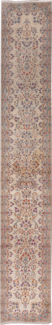 2' x 16' one-of-a-kind handmade vintage Kerman runner rug. Color palette: pink, gray, brown, red, light gray, off-white