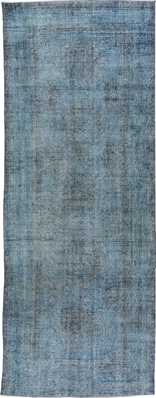 4' x 12' one-of-a-kind handmade vintage Overdyed runner rug. Color palette: arapawa, black, blue, gray, light blue