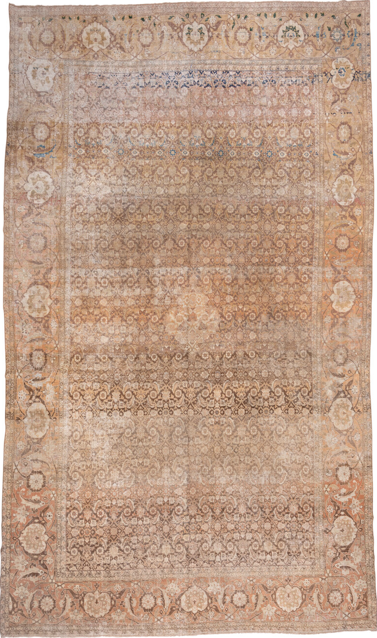 10' x 18' one-of-a-kind handmade vintage Tabriz rug. Color palette: brown, gray, light gray, off-white, orange, pink, tan