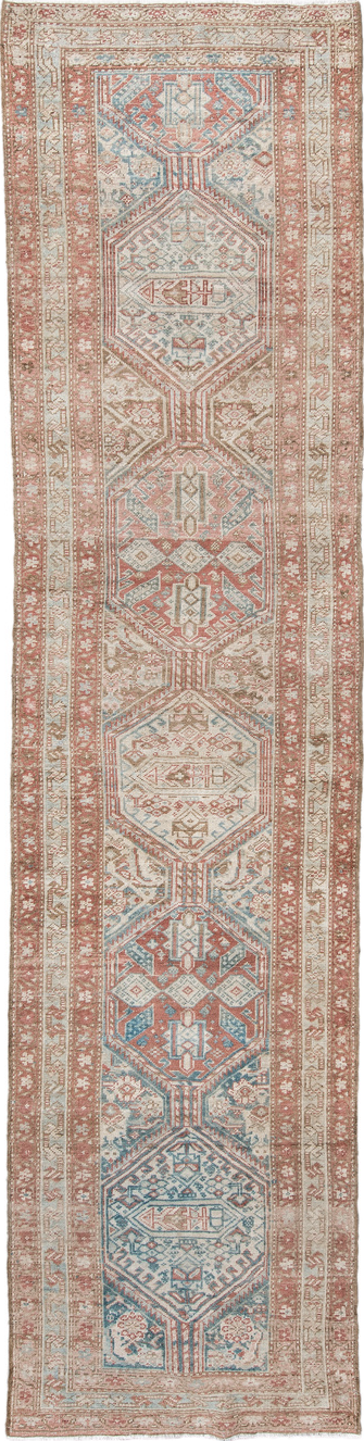 3' x 12' one-of-a-kind handmade vintage NW Persian runner rug. Color palette: gray, light gray, off-white, pink, silver