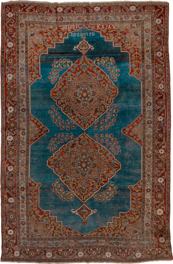 5' x 9' one-of-a-kind handmade vintage Karabagh medium size rug. Color palette: black, blue, brown, charcoal, dim gray, gray