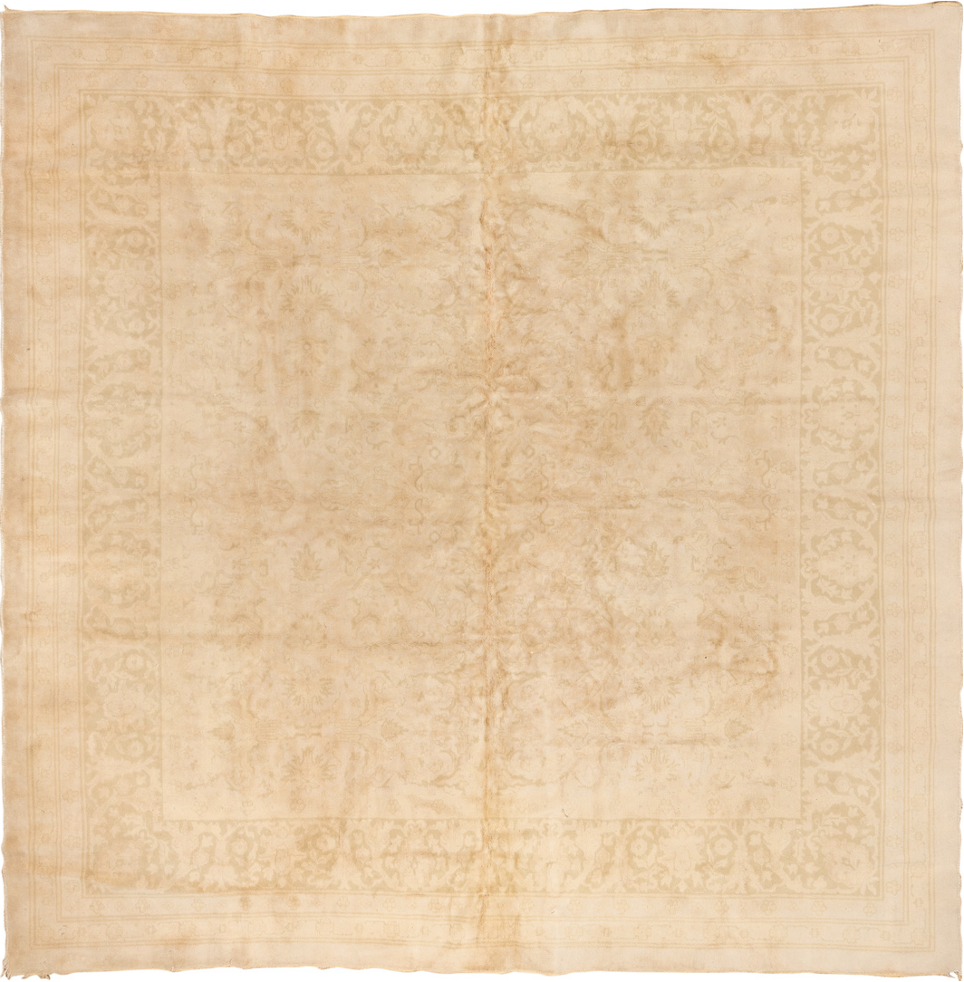 11' x 11' one-of-a-kind handmade vintage Oushak oversize rug. Color palette: bisque, brown, burlywood, moccasin, off-white