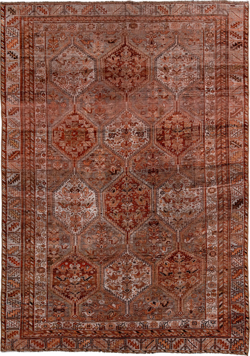 6' x 9' one-of-a-kind handmade vintage Shiraz medium size rug. Color palette: black, brown, gray, light gray, off-white