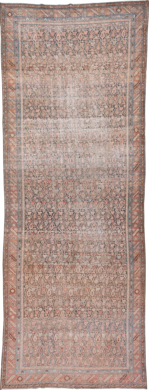 6' x 16' one-of-a-kind handmade vintage Malayer rug. Color palette: brown, dim gray, gray, light gray, off-white, pink