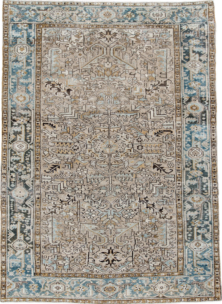 7' x 10' one-of-a-kind handmade vintage Heriz large size rug. Color palette: black, blue, dim gray, gainsboro, gray