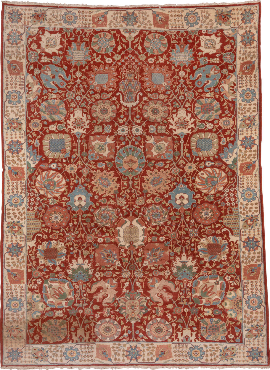 10' x 13' one-of-a-kind handmade vintage Sultanabad large size rug. Color palette: brown, orange, gray, light gray, pink