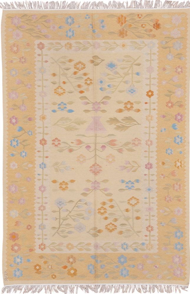 4' x 7' one-of-a-kind handmade vintage Besserabian rug. Color palette: pink, off-white, gray, light gray, brown, orange